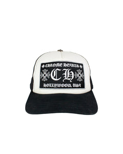 Chrome Hearts White and Black Hollywood USA Trucker Hat Front 